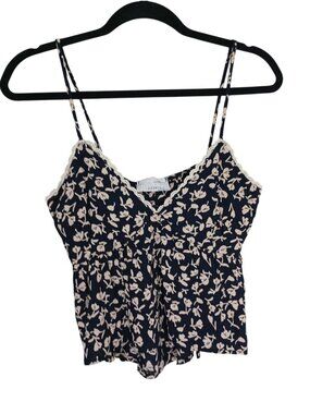 Audrey 3+1 Womens Navy Floral Print Lace Trim Sleeveless Top Size S